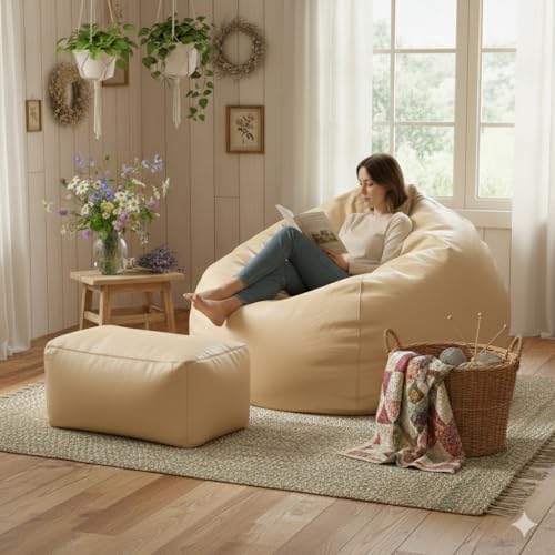 Image of Luxury 5XL Jumbo Bean Bag with Footrest & Cushion | Premium Leatherette | High-Density Beans Filled | Heavy Duty Double Stitch | 6 Months Warranty Color- (Navy Blue) (Cream)
