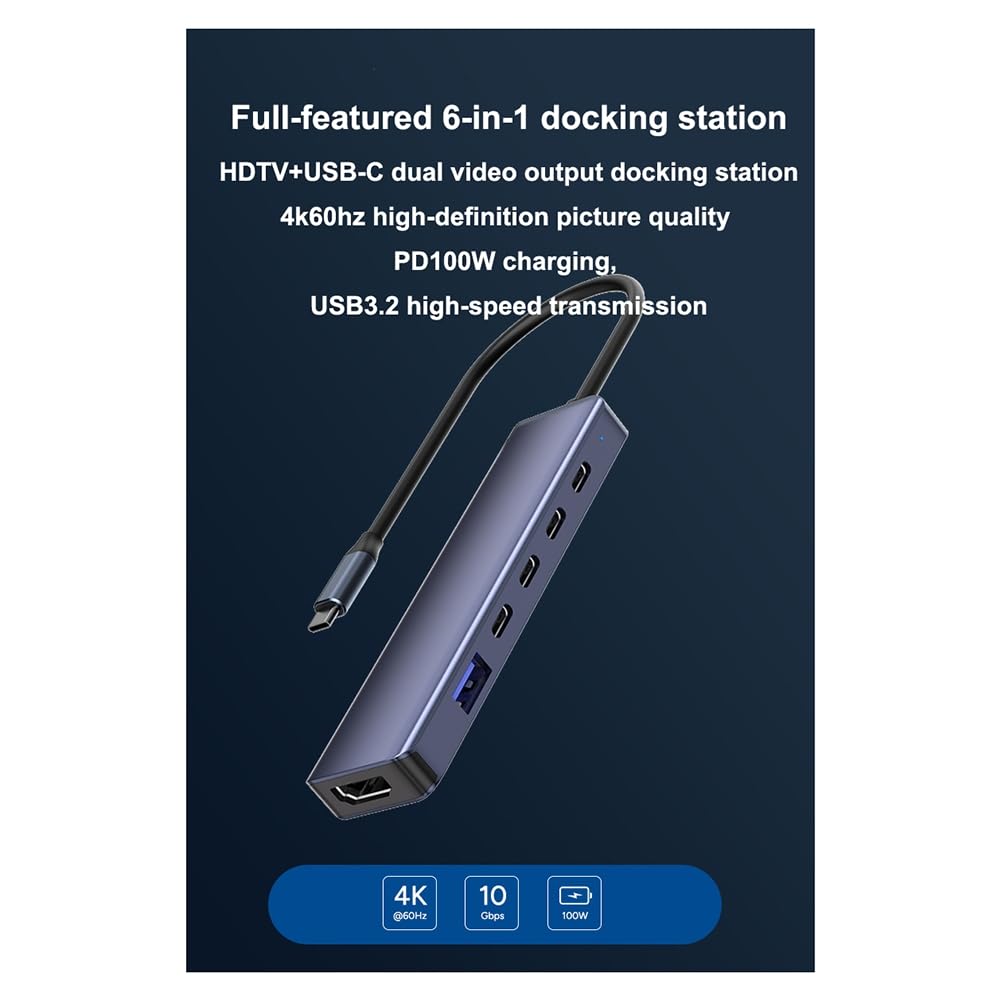Hub USB-C 6 in 1 con modalità Alt DP Type-C, Dotato di Uscita Video Duale HDTV 4K/60Hz, velocità di Trasferimento Dati USB3.2 Gen2 10Gbps e Ricarica PD da 100W.