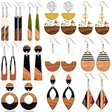 Henoyso 12 Pairs Wooden Earrings for Women Boho Dangle Geometric Lightweight Studs Resin Statement Earring(Stylish Style)
