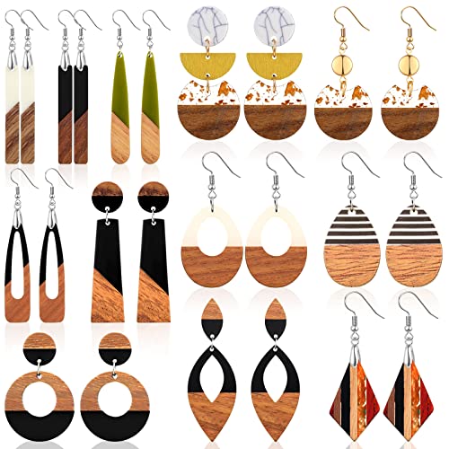 Henoyso 12 Pairs Wooden Earrings for Women Boho Dangle Geometric Lightweight Studs Resin Statement Earring