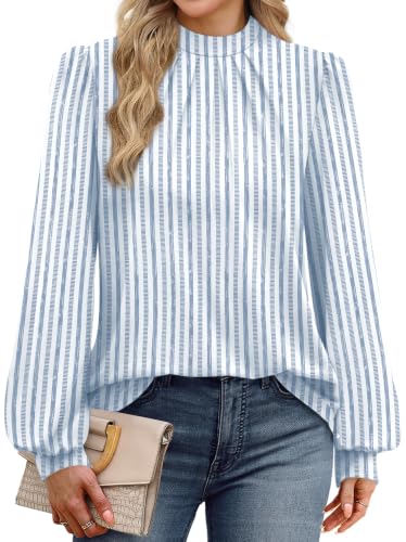 Image of WIHOLL Long Sleeve Shirts for Women Mock Neck Tops Pleated Front Blouses Dressy Casual Spring Fall Clothes 2026 Fashion