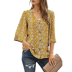 Ecrocoo Summer Tops for Women Ladies Juniors Teen Girls Fashion Casual Stylish V Neck Bell Sleeve Boho Flower Pattern Button Down Tops Loose Fitting Flowy Flutter Blouses Shirts for Vacation,Yellow L