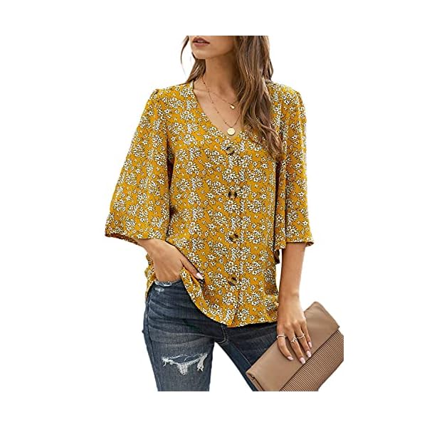 Ecrocoo Summer Tops for Women Ladies Juniors Teen Girls Fashion Casual Stylish V Neck Bell Sleeve Boho Flower Pattern Button Down Tops Loose Fitting Flowy Flutter Blouses Shirts for Vacation,Yellow L