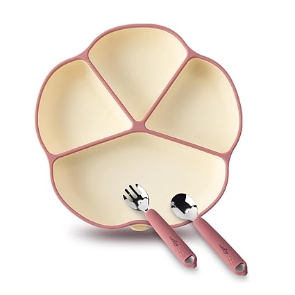 Cubkins Silicon's Suction Plate with Stainless Steel Spoon & Fork Set for Feeding Babies | BPA Free, Washable & Reusable Feeding Set for Kids, Toddlers (Raspberry)
