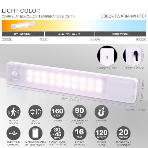 Image of STAR-SPANGLED Under Cabinet Lighting Rechargeable, 8 inch Motion Sensor Lights Indoor Battery Operated, USB Stick on LED Magnetic Closet Light for Counter, Stairs, Kitchen, Warm White, 2 Pack