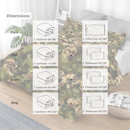 Image of Green Camo Comforter Set King: 1 Comforter 2 Pillowcases, Camouflage Skull Bedding Set for Boys Adults Men, Army Hunting Gothic Skeleton Quilt Bedroom Decor