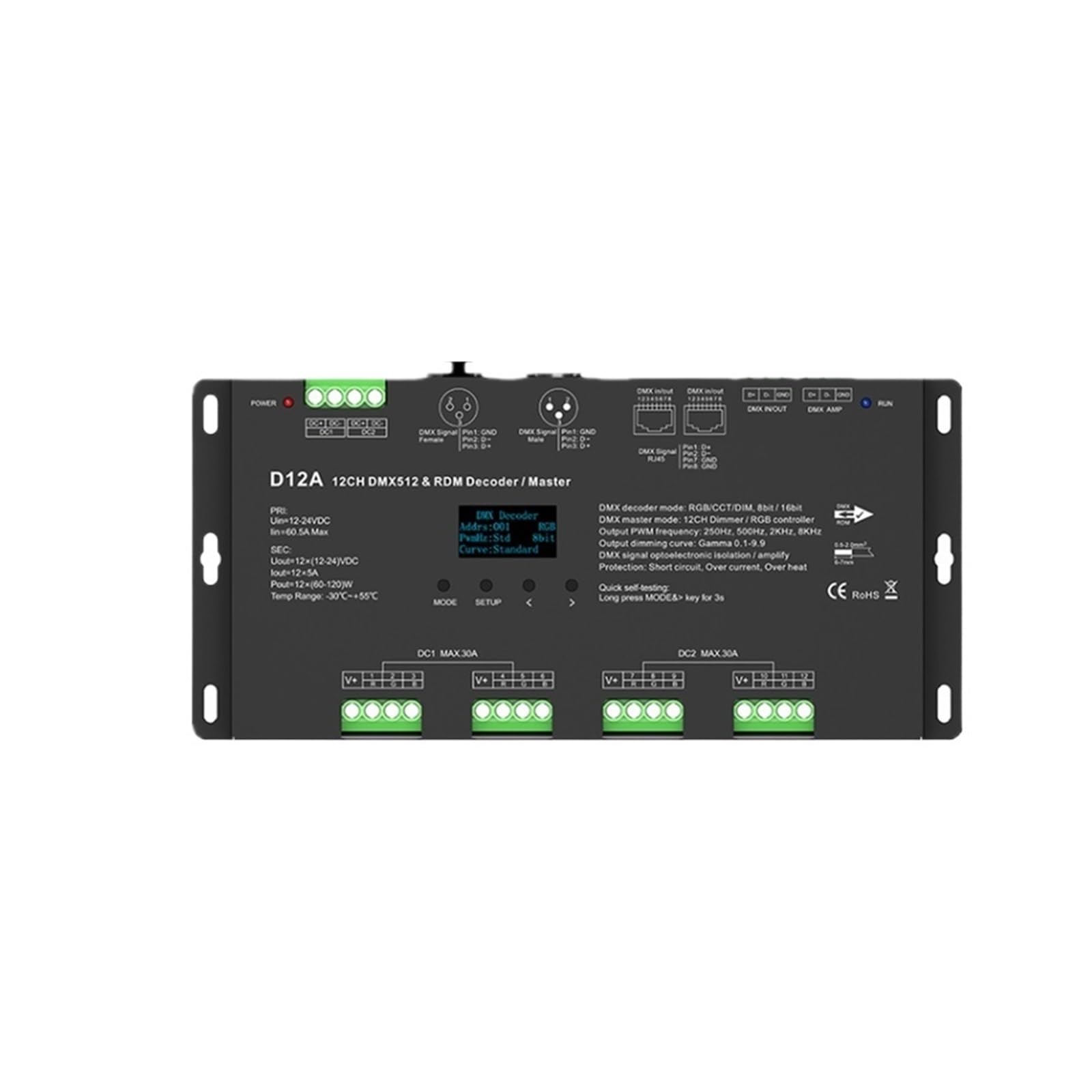 ZXAOMMBEA 12-Channel Constant Voltage DMX512 and RDM decoder DC12V-24V OLED 12CH 5A RGB Master Control 8-bit 16-bit Suitable for