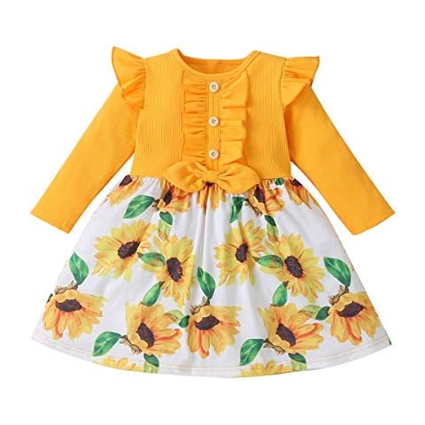GETUBACK Toddler Girl Winter Dresses for Girls Sunflower Cotton Long Sleeve Casual Dress 12M-7T - beige - 5-6 Years Cover