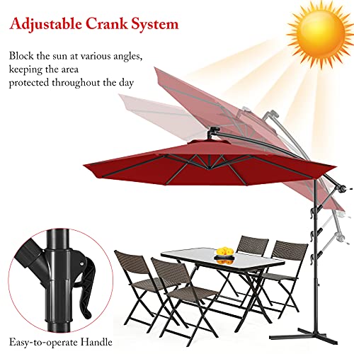 Giantex 10Ft Offset Patio Umbrella Cantilever Umbrella, Outdoor Hanging Market Umbrella W/Crank & Cross Base, Easy Tilt Adjustment, Outdoor Offset Umbrellas For Backyard, Poolside, Lawn And Garden ( Burgundy) #TOP2