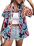 80s 90s Outfits for Women Retro Theme Party Disco Shirt 80s Hawaiian Shirt Neon Button Down Short Sleeve Blouse Tops