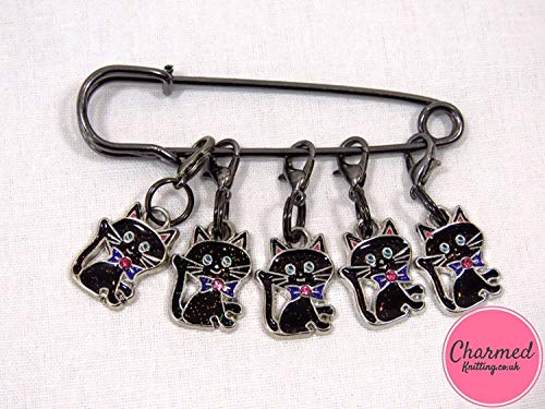 Lucky Black Cats - Crochet Stitch Markers - Enamel set of 5 - perfect gift or stocking filler for those who love Crochet by Charmed Knitting