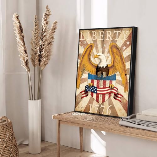 Image of American Flag Framed Canvas Wall Art, 4th of July Red White Blue Canvas Prints, USA Flag with Bald Eagle Patriotic Decorations, Vintage Independence Day Wall Decor for Bedroom Living Room 6x8