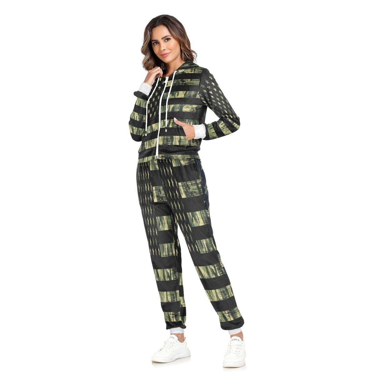Conjunto deportivo de 2 piezas para mujer, diseño de bandera estadounidense, de manga larga, diseño de camuflaje