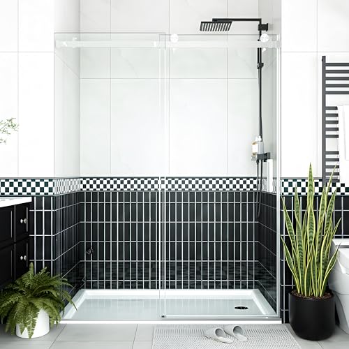 Image of Frameless Sliding Shower Door, 56-60 inch Adjustable Width x 76 inch H, 6mm Tempered Glass with Square Stainless Steel Track & 55mm Rollers, Modern Design for Bathroom Remodel