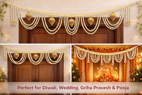 Image of Designer Pearl Beads Toran for Door | Golden Bandarwal with Hanging Motifs | 3 Feet Length | Traditional Festive Home & Pooja Decoration for Diwali, Wedding & Housewarming