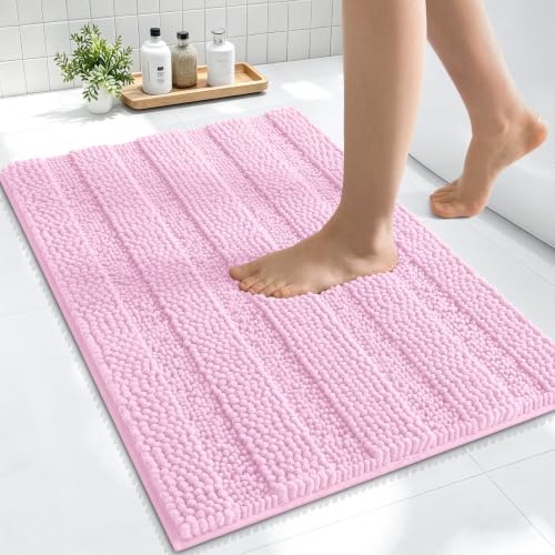 Image of Smiry Thick Small Chenille Bathroom Rugs 24x16, Extra Soft Absorbent Striped Bath Mat, Machine Washable, Rubber Backing, Bath Rugs for Bathroom, Tub & Shower, Modern Home Decor Accessories, Pink