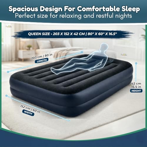 Image of Toy Imagine 6.66 ft Inflatable Air Bed Dura-Beam Plus Pillow Rest Queen Air Mattress with Built-in Electric Pump Fiber-Tech Raised Airbed 203 x 152 x 42 cm Comfortable Guest Bed for Home Travel
