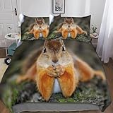 Bettwäsche 155x200 3 Teilig Eichhörnchen Bettwäsche Sets 3D Effekt Niedliche Tiere Bettbezüge Weich Microfaser Bettbezug für Einzelbett mit Reißverschluss + 2 Kissenbezug E.3519