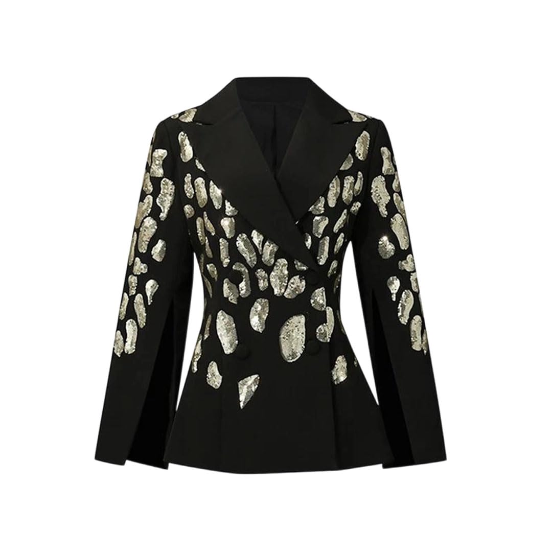 Womens Black Spliced Sequins Blazer Lapel Long Sleeve Loose Jackets Coat