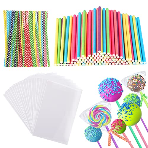 Juego de 300 palos de cake pop, 100 bolsas de caramelo, 100 palos Lollipop con 100 ties, cake Pop Sticks Lollipop palos de papel para pastelería, galletas, caramelos Cover