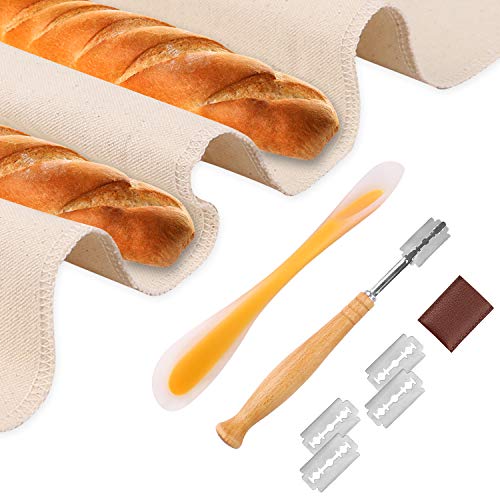 Professional Bakers Dough Couche - Pastry Proofing Cloth 35 x 26 for Baking Baguette with Dual-head Silicone Spatula Scraper Spoon and Bread Lame Bread Making Tool Set