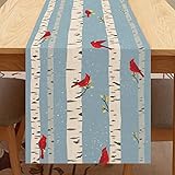 Seliem Blue Winter Cardinal Birch Tree Table Runner, Red Birds Tabletop Scarf Home Kitchen Decor...