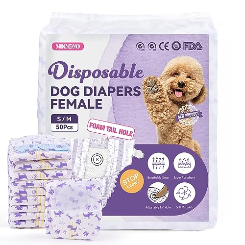MICOOYO Dog Nappies Female 50 count, Disposable Dog Period Pants with Adjustable Tail Hole