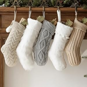 Christmas Stockings 5 Pack Farmhouse Plush Faux Fur Cable Knitted Fireplace Xmas Stockings Hanging Gifts Cozy Personalized Stocking Decorations for Family Holiday Decor White Gray Beige
