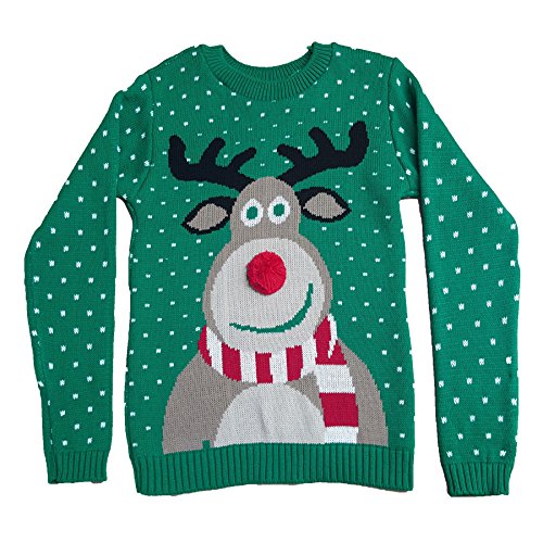 Purl Big Girls' Xmas Jumper 7-8 Years Rudolph Pom Pom Green