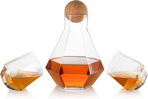 The Diamond Glassware - Juego de decantador de diamante con 2 vasos, soporte para bebidas hecho a mano para whisky, escocés, bourbon, elegante,