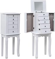 Karlhome White Standing Jewelry Armoire with Flip Mirror, 5 Flannel Drawers, Side Hooks & Solid Wood Legs - Elegant Organizer