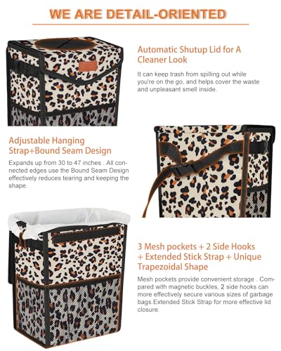 Image of Pritent Car Trash Can with Lid, Cute Leakproof Car Trash Garbage Bag Hanging Vehicle Trash Bin Small Portable Automotive Garbage Cans Organizer for Back /Front Seat(Trapezoid,Leopard