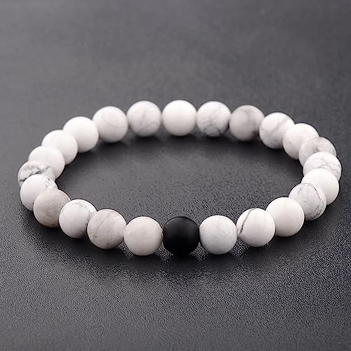 Image of Fashion Frill Stylish Couple Bracelets Black & White Red Natural Stone Onyx Stretchable Wrist Band Heart Magnetic Bracelet For Women Men Boys Girls Love Gifts Friendship Promise Bracelets