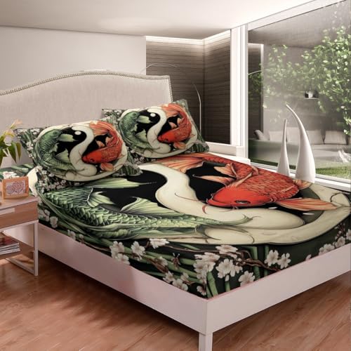 Carp Fish Fitted Sheet Full Size Chinese Style Tai Chi Bedding Set for Kids Boys Girls Teens Pastel Cherry Blossom Bed Sheet Set Oriental Ukiyoe Bed Cover Room Decor,No Top Sheet