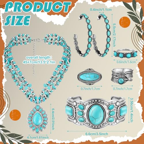 Image of Ecally Bohemian Western Jewelry Turquoise Set Women Country Pendant Long Choker Layered Bracelets Earrings Ring for Women
