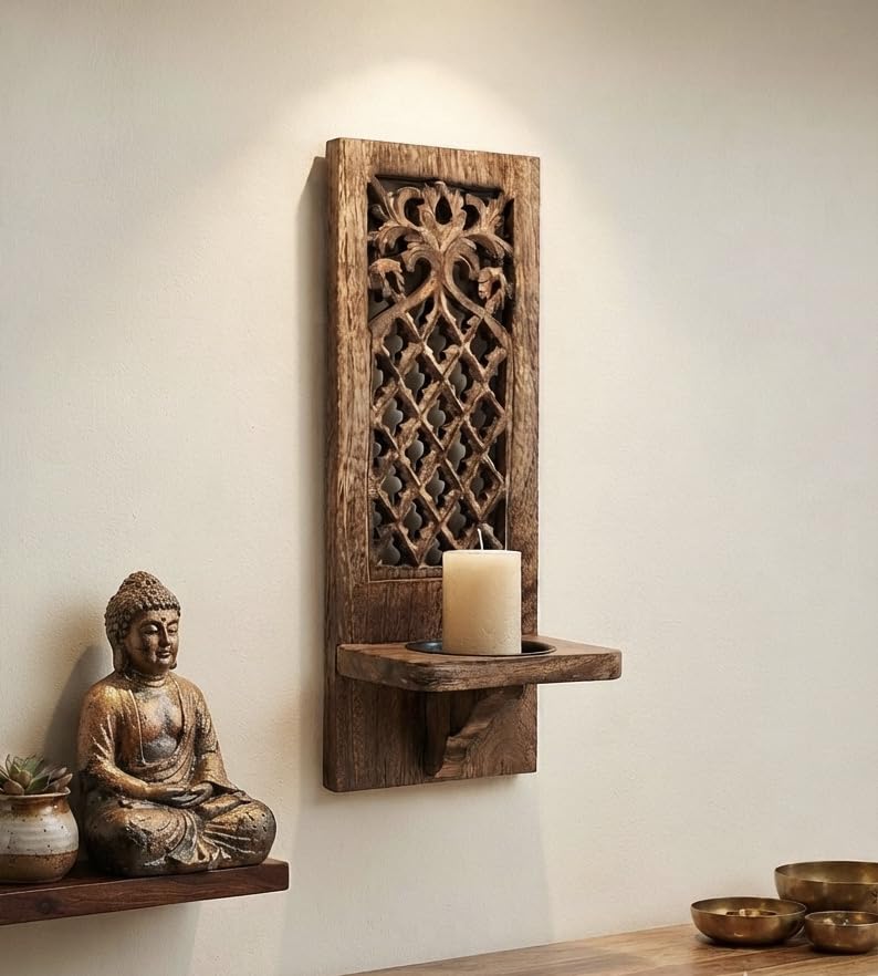 Handcrafted Wooden Wall Candle Holder - Moroccan Style -4