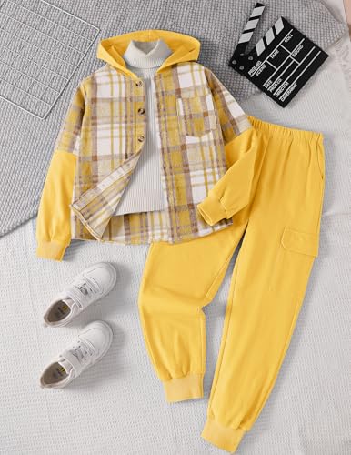 Image of 2Pcs Boys Clothes Sweatsuit Set Hoodie Flannel Plaid Shirt and Jogger Pants for Kids Fall Winter Spring Outfits