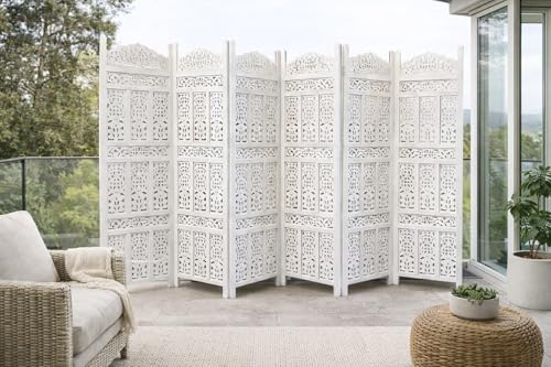 Image of Home & Goods International Wooden Room Divider Partition - Foldable Screen Separator for Living Room, Bedroom, Office, Restaurant || Kangra Badrun Design, White (6 Panel)