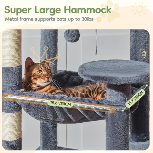 Image of Taoqimiao 72 Inches Cat Tree for Large Cats, Multi-Level Tall Cat Tower, Widened Cat Condo with Large Scratch Board, 5 Scratching Posts, Metal Hammcock, Cozy Basket, Smoky Gray, MS045G