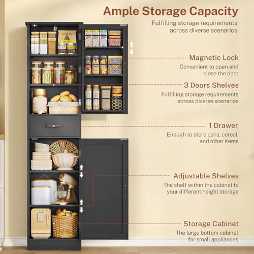 Image of TEENFON Tall Storage Cabinet with 3 Door Shelves & 1 Drawer, Narrow Kitchen Pantry Cabinet for Living Room, Bathroom, Entryway, Black