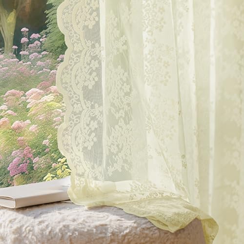 Anmao Vintage Lace Curtains 102 Inches Long 2 Panels Set, Romantic Elegant Light Filtering Semi Sheer Floral Thick Lacy Curtain Drapes for Living Room and Bedroom, Each Panel 55W x 102L, Cream Yellow
