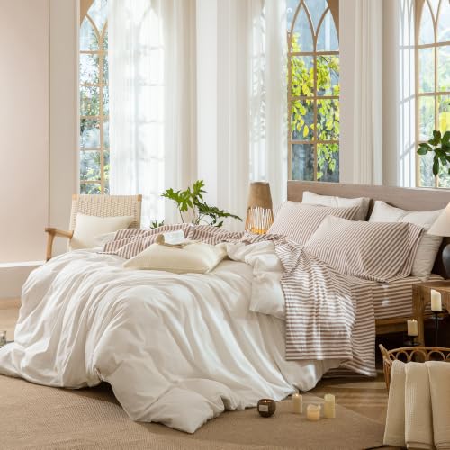 Image of MooMee Striped Sheet Set 100% Washed Cotton Linen Like Twin