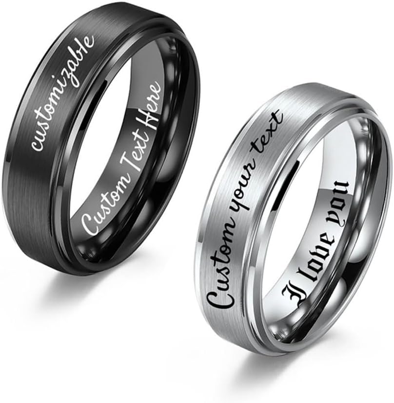 Personalized Engraved Men's and Women's Tungsten Rings - Mens Tungsten Wedding Bands, Black Tungsten Rings for Men, Tungsten Carbide Rings in Silver,Custom Available Size 7-13