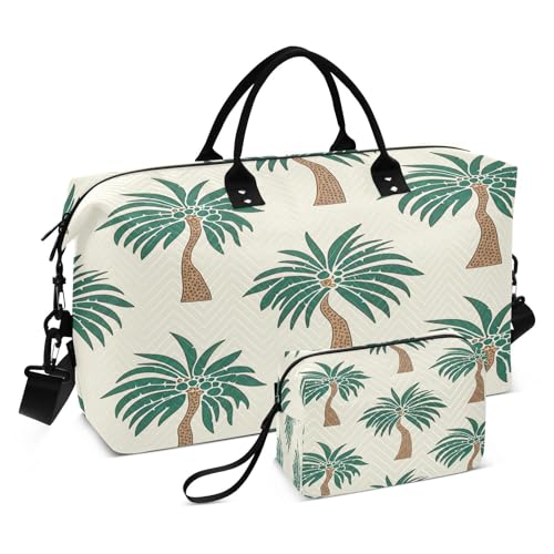 Large Foldable Travel Duffel Bag, Waterproof Gym Bag for Men & Women, Carry-On Luggage Weekender Overnight Bag, Palm Trees Beige