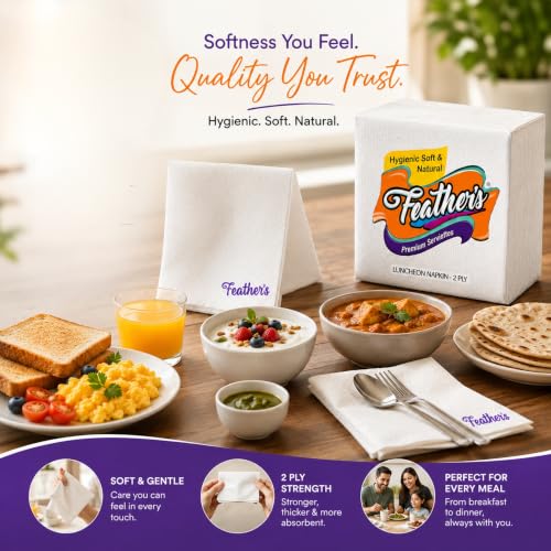 Image of Feather's Premium Naturally White 2Ply Tissue Paper (50 pulls Pack of 4, 33 X 33 cm) Luncheon Napkin Super Strong & More Absorbent Extra Soft Paper Tissue Napkin