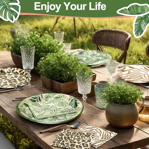 Image of Qinyoung 120pcs Safari Themed Plates Jungle Party Supplies Disposable Plates and Napkins Zoo Paper Tableware Set Baby Shower Decorations for Safari Picnic Wedding Tea Party