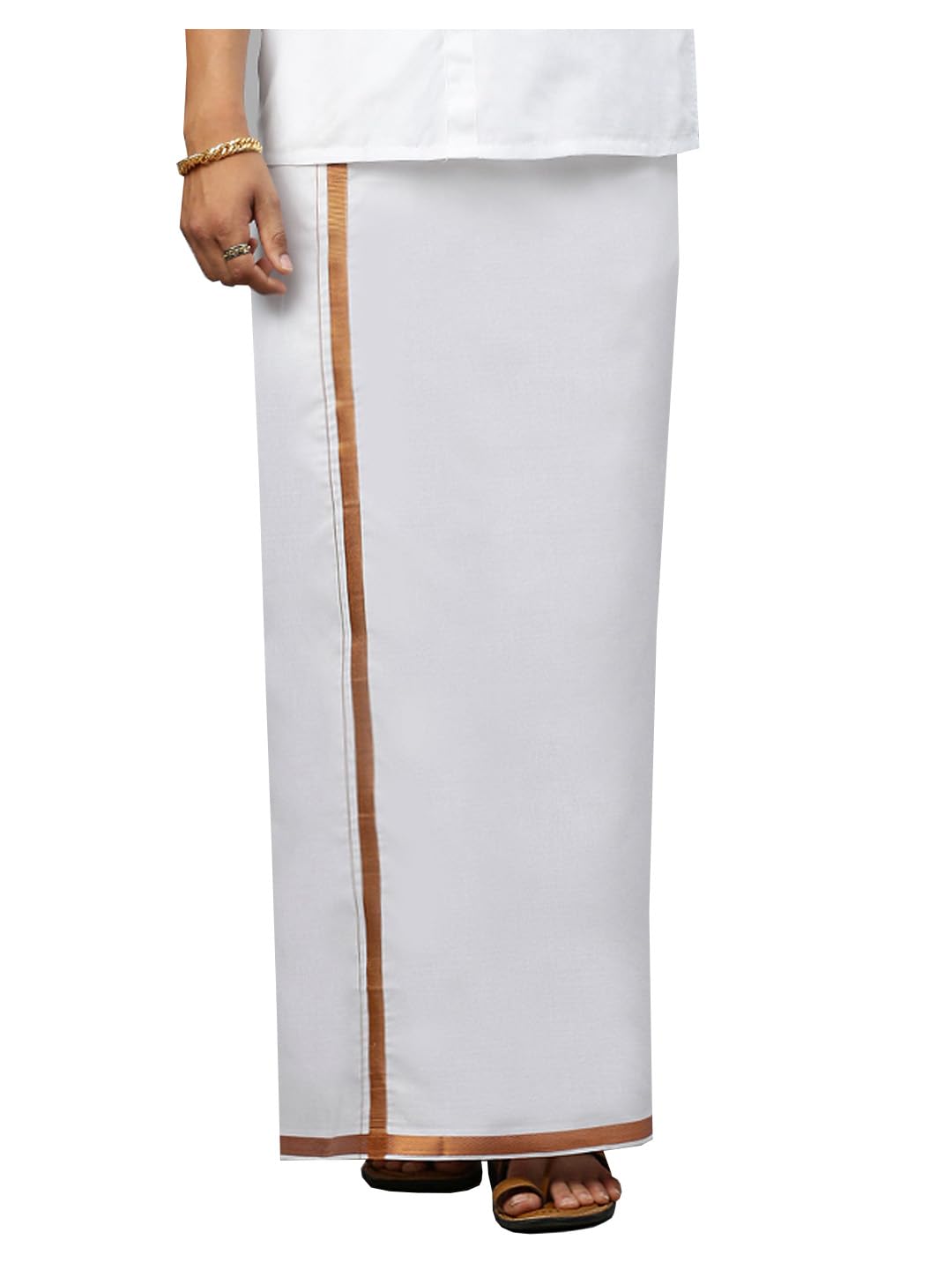 ramraj cotton Men Double Layer Adjustable Velcro Pocket Dhoti | Solid White With 3/4 inch Copper Jari Border-picture-25