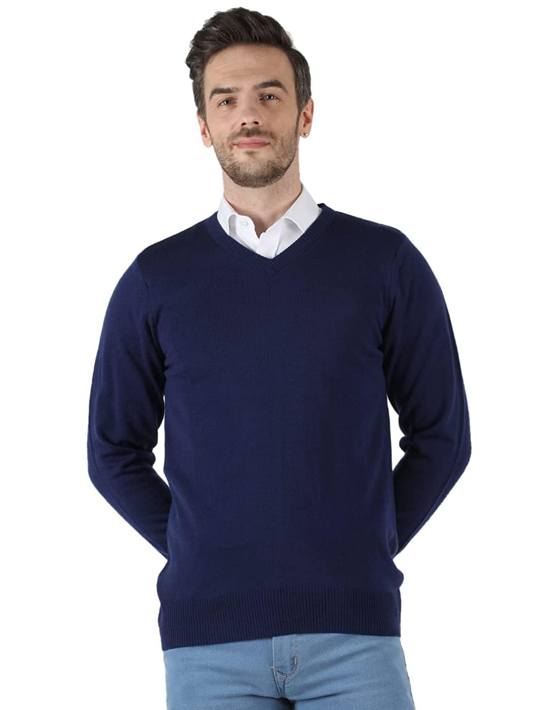 Men V-Neck Solid Woolen Full Sleeve Sweater for Winter (Navy Blue 44)-image-48