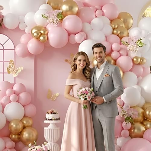 Image of Pink, White and Golden Balloon Garland Kit with Golden 3D Butterfly Decor, 68 Pieces, Perfect for Birthday Decoration, Baby Shower and Party Backdrop