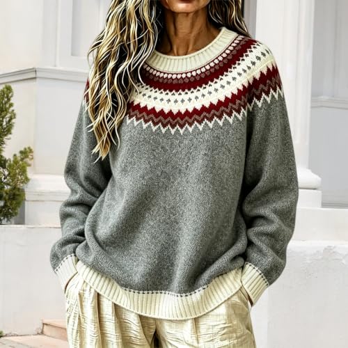 Fair Isle Sweater for Women Vintage Crew Neck Knit Pullover - image 2